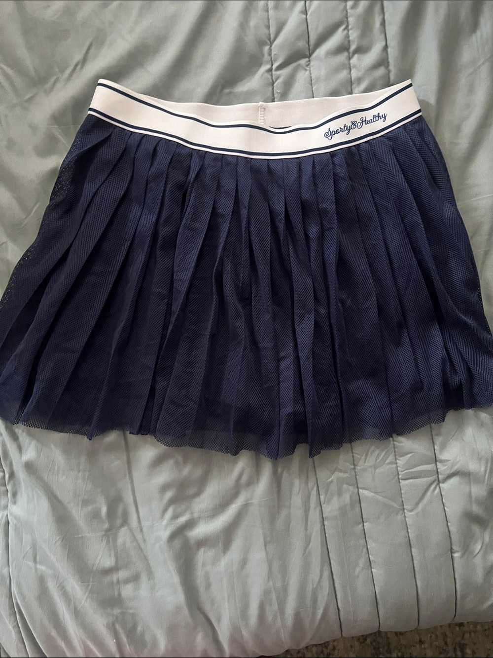 SHEIN Navy Pleated Mesh Skater Skirt with White Waistband
